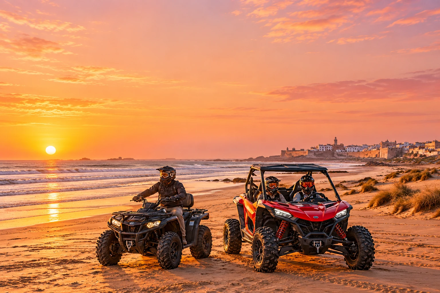 Buggy rouge et quad sur la plage d’Essaouira au coucher du soleil, avec les dunes